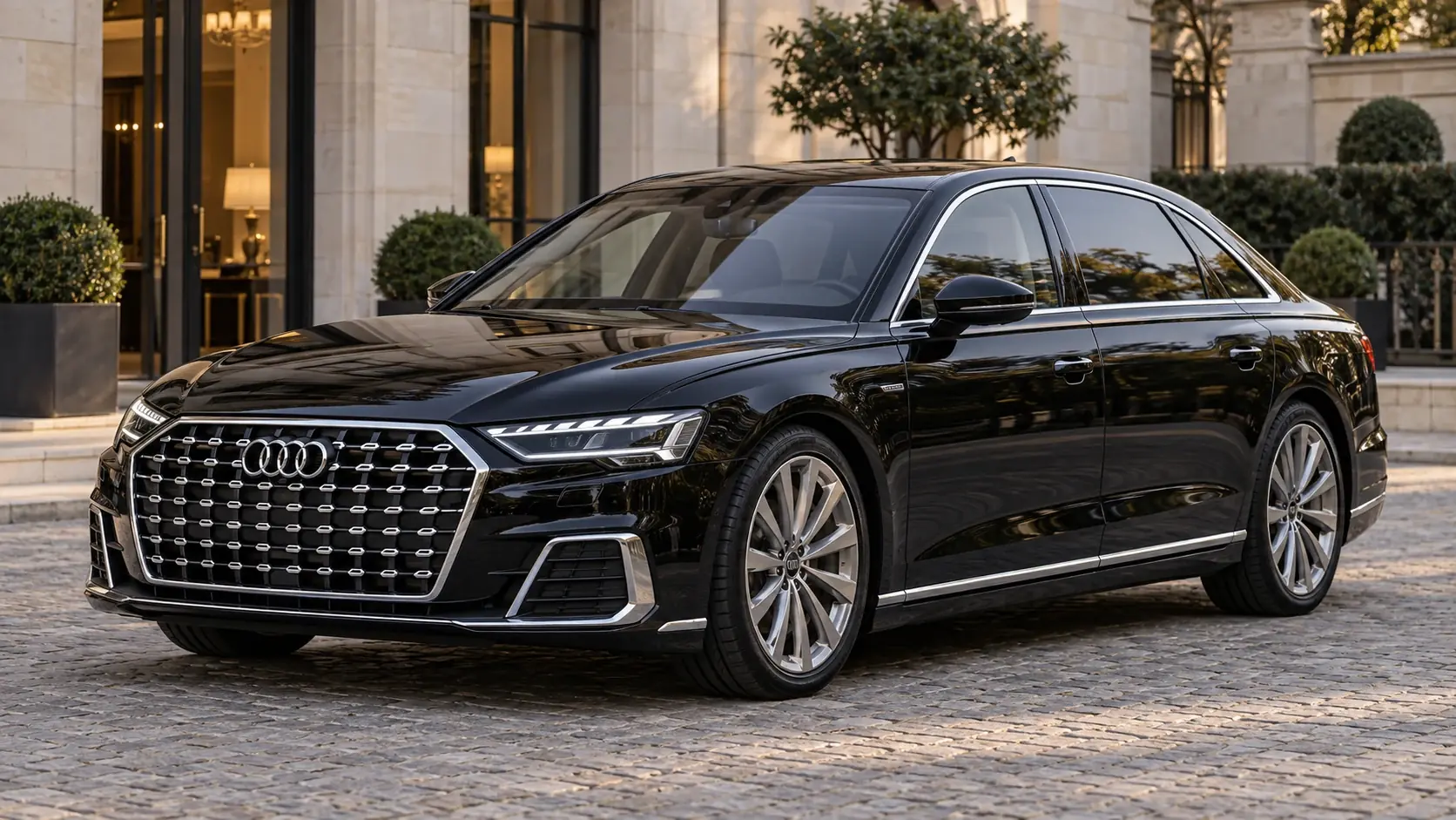 KI-generierte redaktionelle Illustration des Audi A8 L Security, vollständiges Exterieur in einer originalen Dreiviertel-Frontansicht