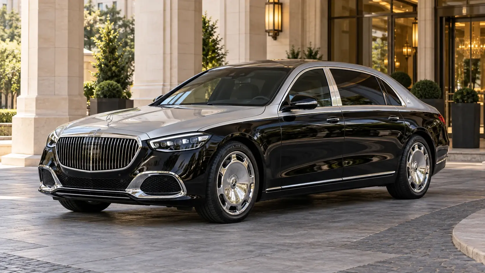 KI-generierte redaktionelle Illustration des Mercedes-Maybach S 680 – INKAS-Umbau, komplettes Exterieur in originaler Dreiviertel-Frontansicht