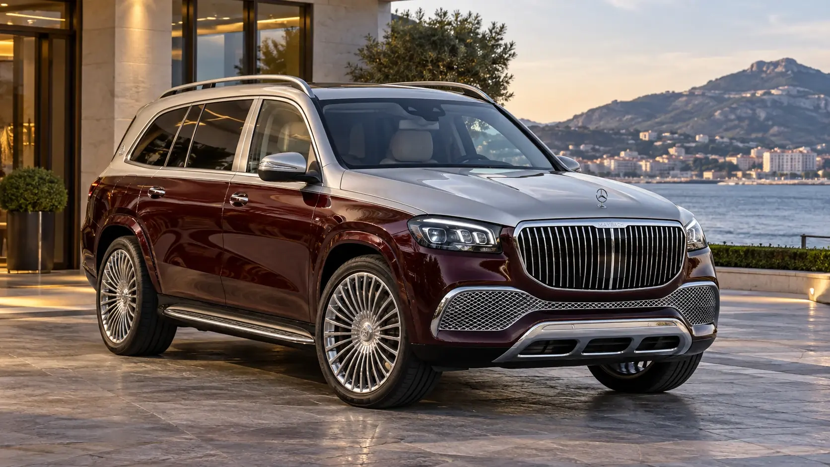 KI-generierte redaktionelle Illustration des Mercedes-Maybach GLS 600 – INKAS-Umbau, komplettes Exterieur in originaler Dreiviertel-Frontansicht