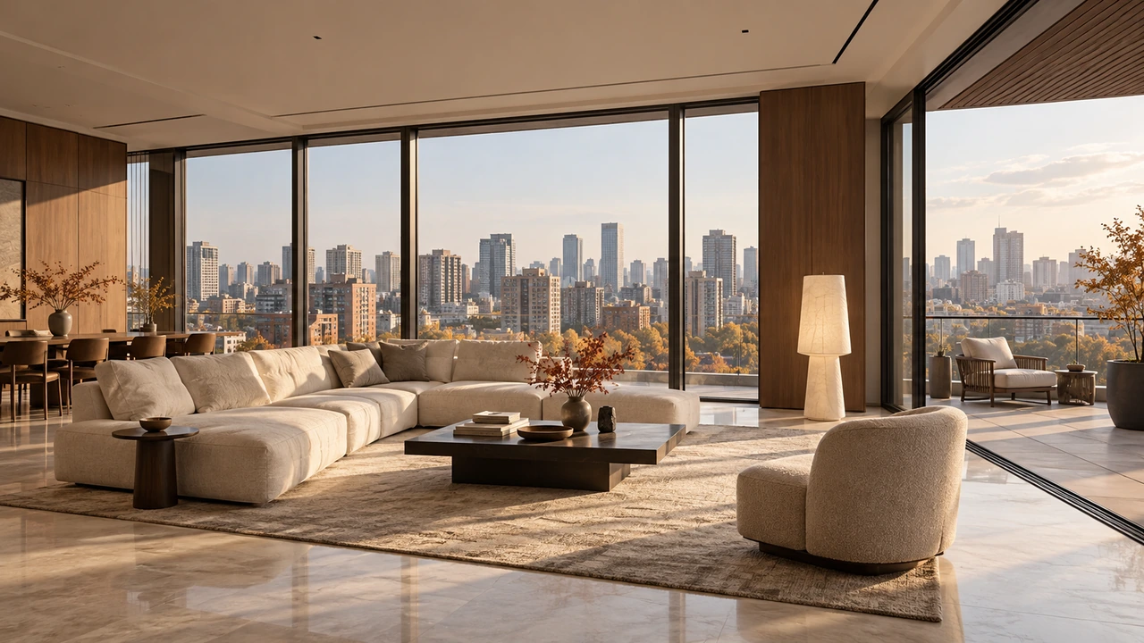 KI-generierte Illustration: fiktives Pekinger Penthouse-Wohnzimmer mit kleiner Terrasse