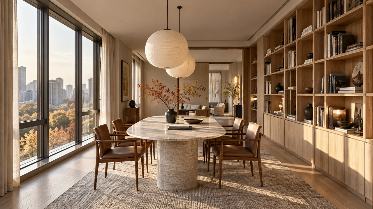 KI-generierte Illustration: fiktives CBD-Wohnungsesszimmer mit Bibliothek