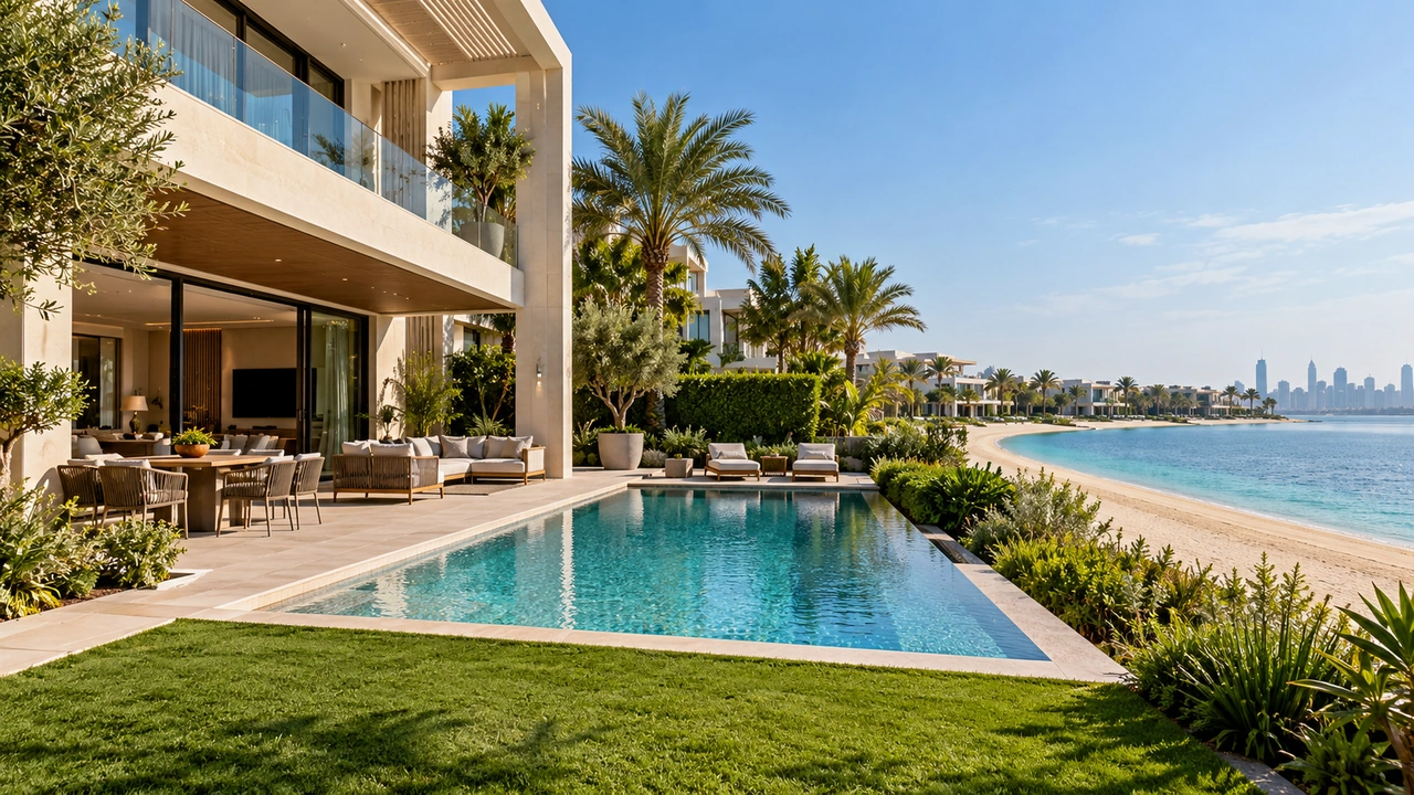 Иллюстрация, созданная ИИ: вилла у воды и бассейн в духе Palm Jumeirah