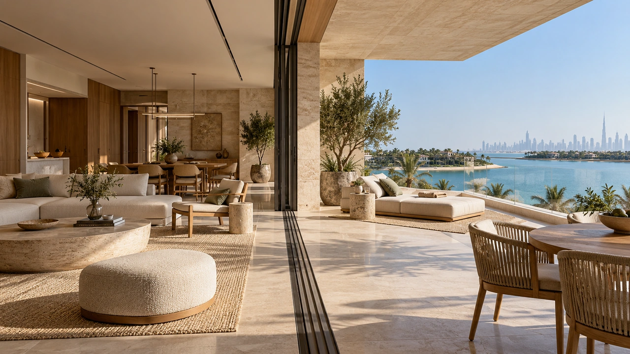 Иллюстрация, созданная ИИ: островная квартира в духе Jumeirah Bay