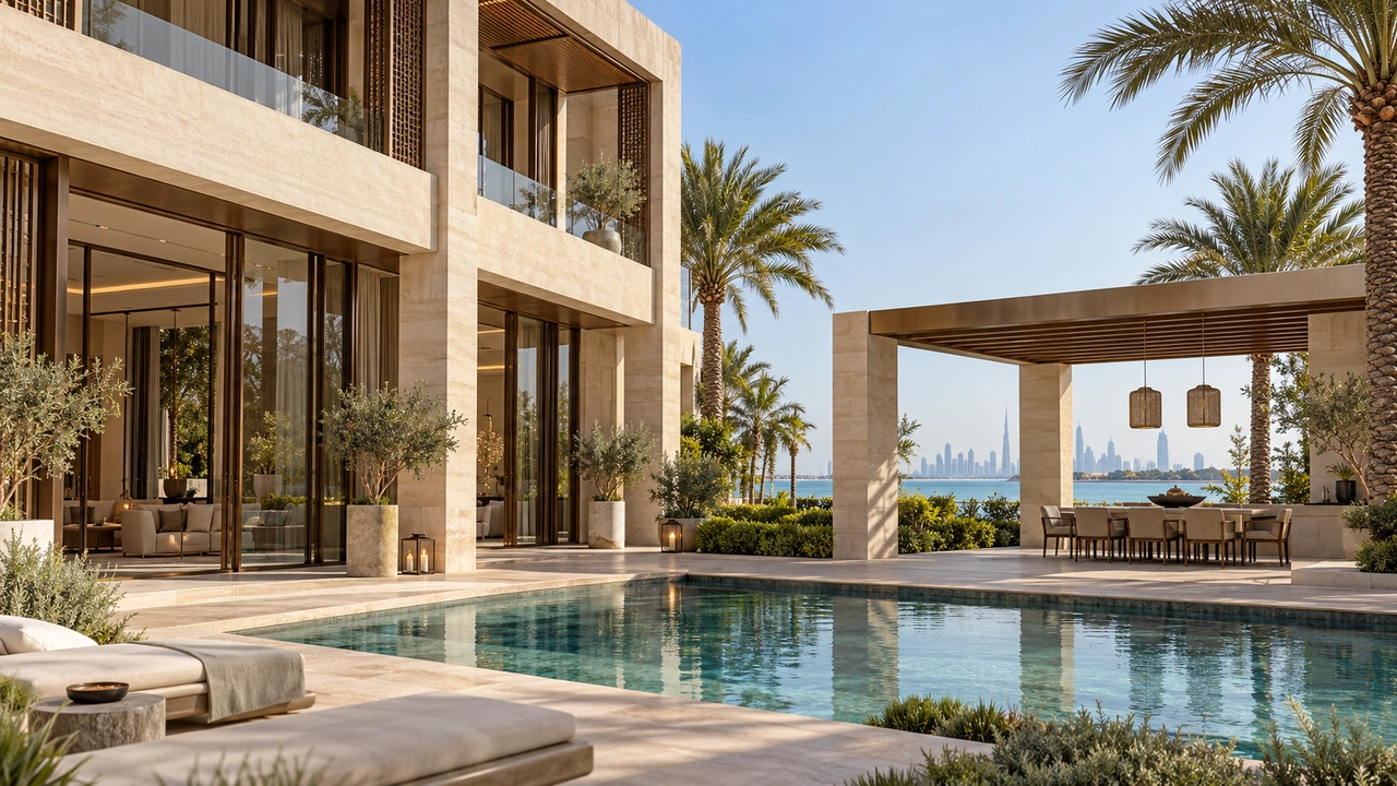 Иллюстрация, созданная ИИ: особняк с внутренним двором в духе Jumeirah Bay