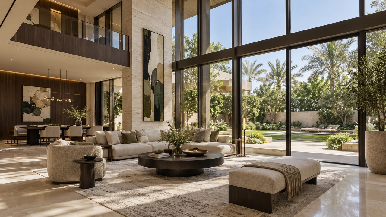 Иллюстрация, созданная ИИ: гостиная виллы в духе Emirates Hills, не квартира