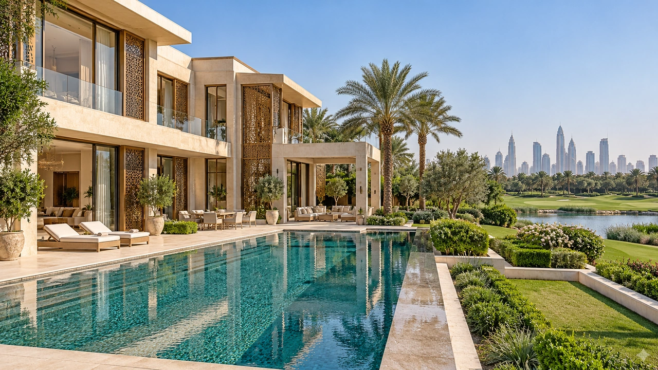 Иллюстрация, созданная ИИ: особняк в духе Emirates Hills у благоустроенного гольф-пейзажа