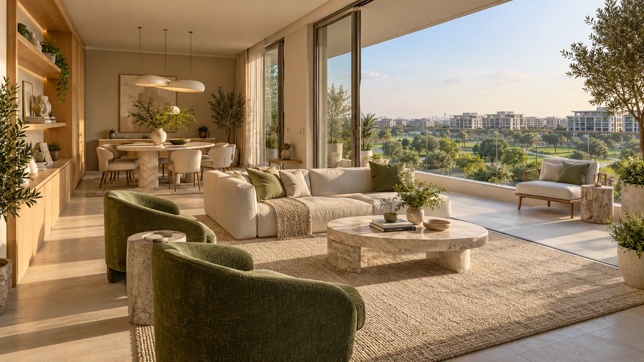 Иллюстрация, созданная ИИ: квартира с видом на парк в духе Dubai Hills