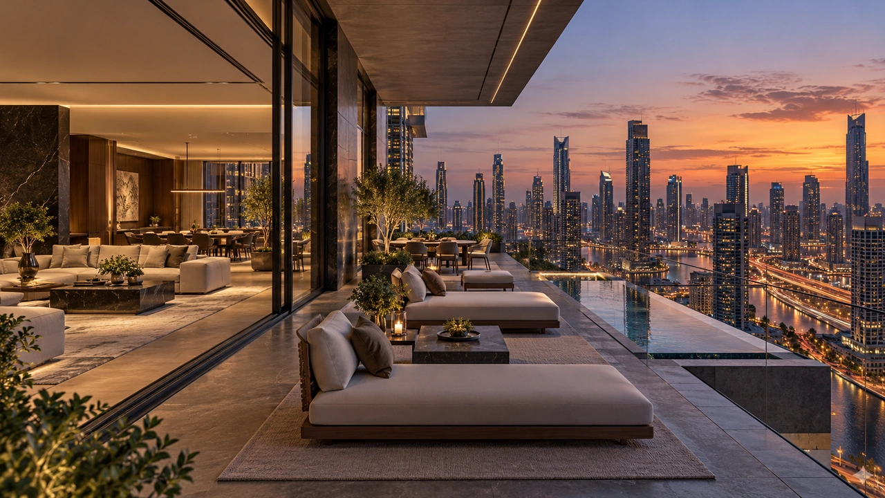 Иллюстрация, созданная ИИ: пентхаус с вымышленной панорамой в духе Downtown Dubai