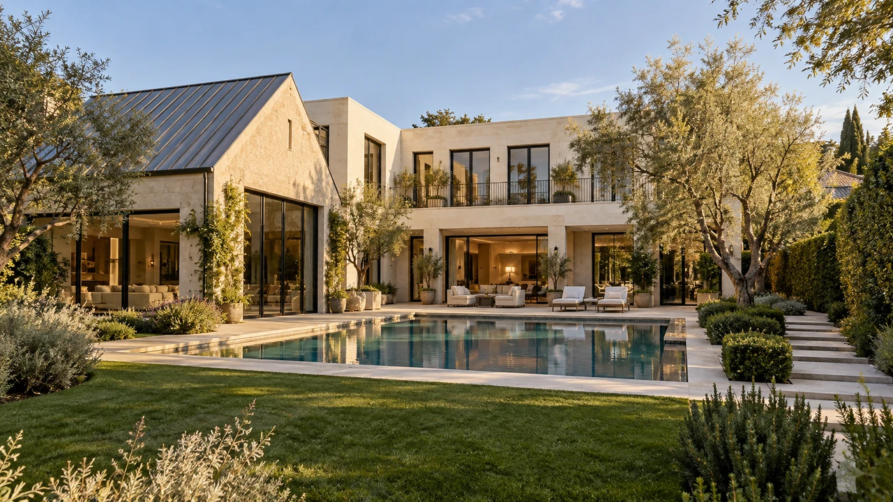 Ilustración generada por IA de una residencia con patio en Beverly Hills y piscina ajardinada