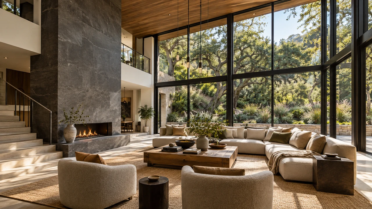 Ilustración generada por IA de un salón de una casa de Bel Air abierto a un jardín en ladera