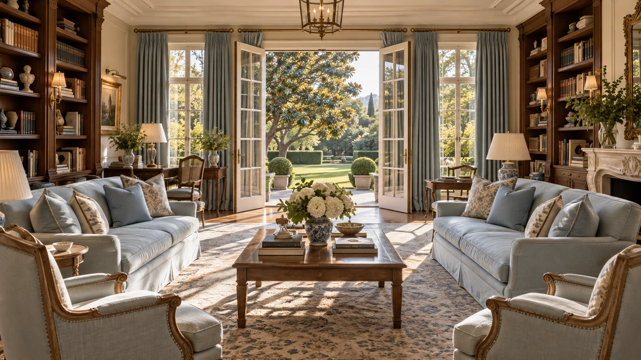 Ilustración generada por IA de una biblioteca de residencia en Holmby Hills abierta al jardín