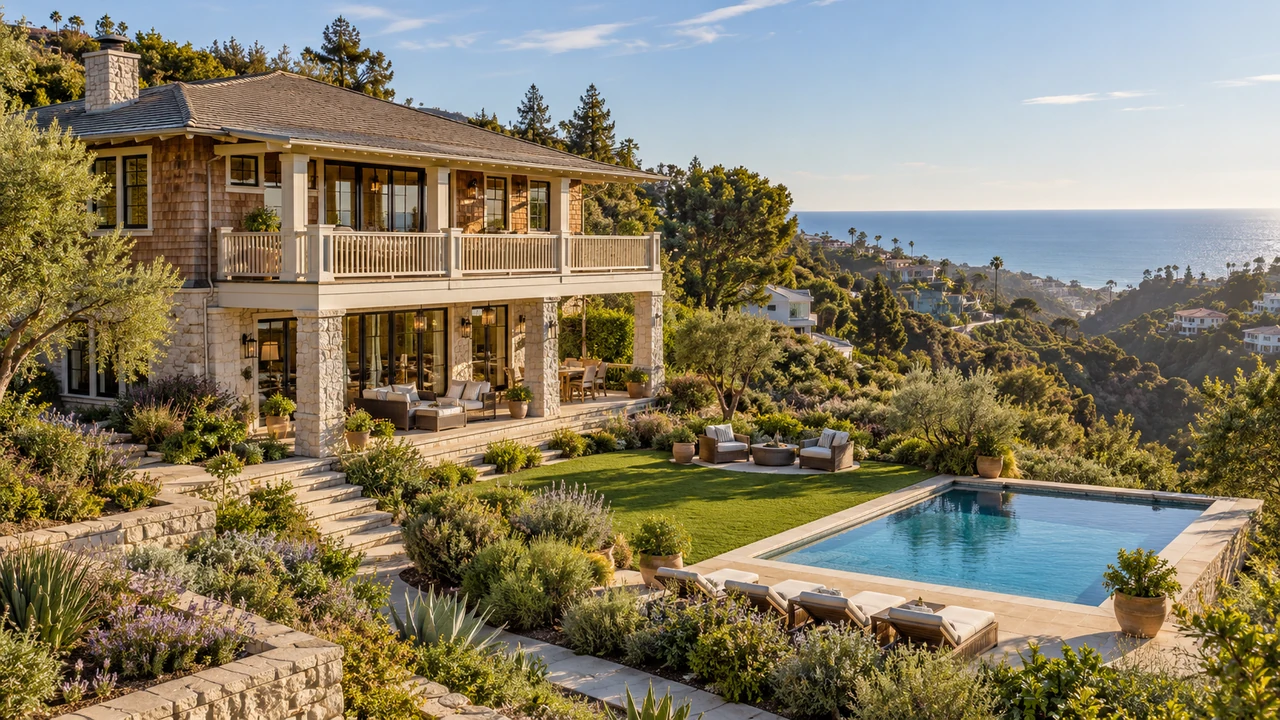 Ilustración generada por IA de una casa de ladera de Pacific Palisades con vistas lejanas al océano