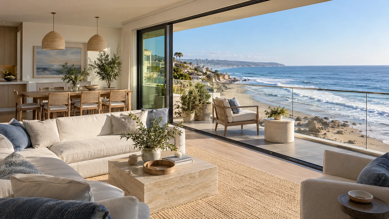 Ilustración generada por IA de un balcón de condominium en Malibu sobre un litoral conceptual