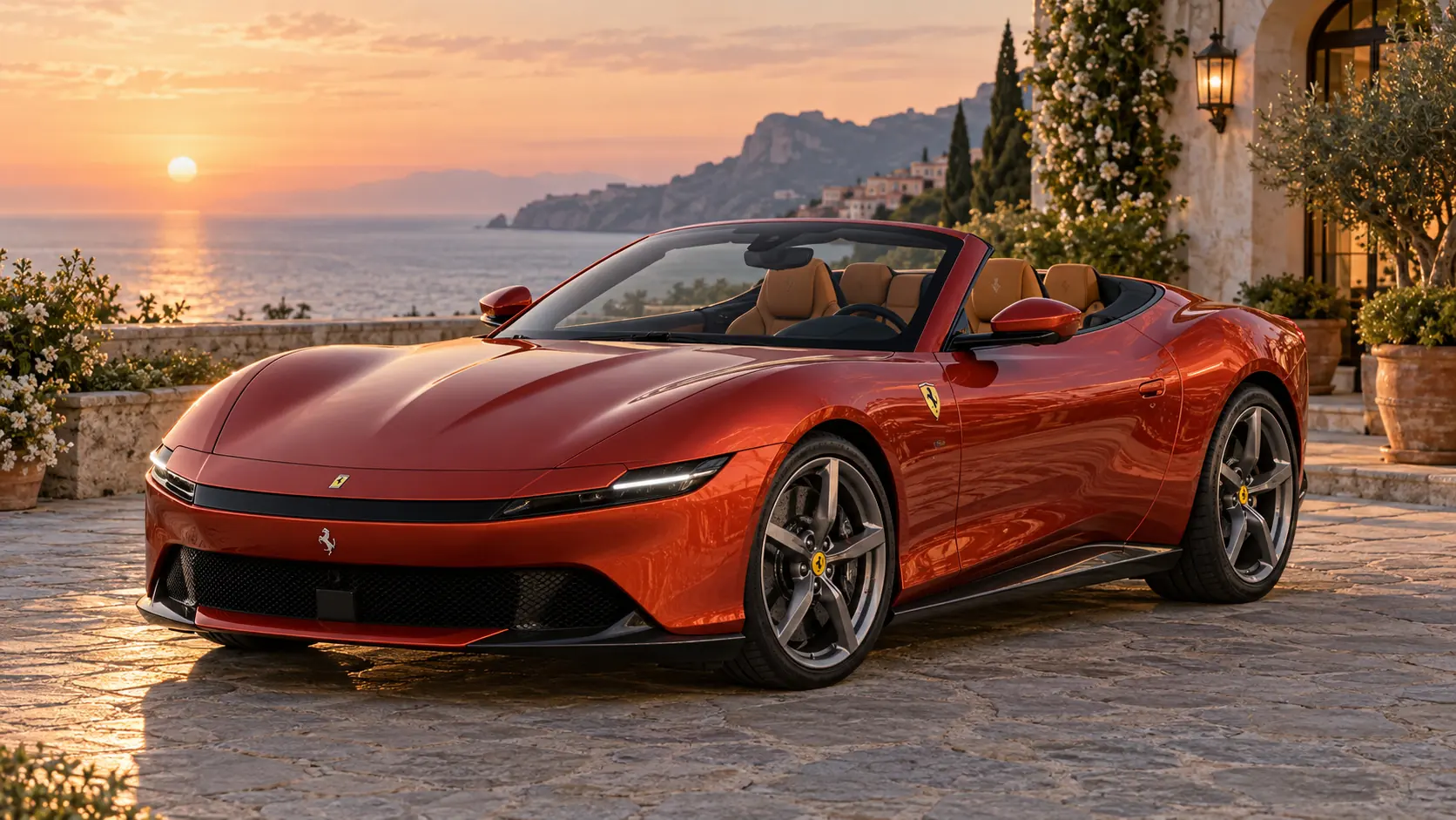 ルーフを下げた状態のFerrari Amalfi Spiderを表すAI生成イラスト