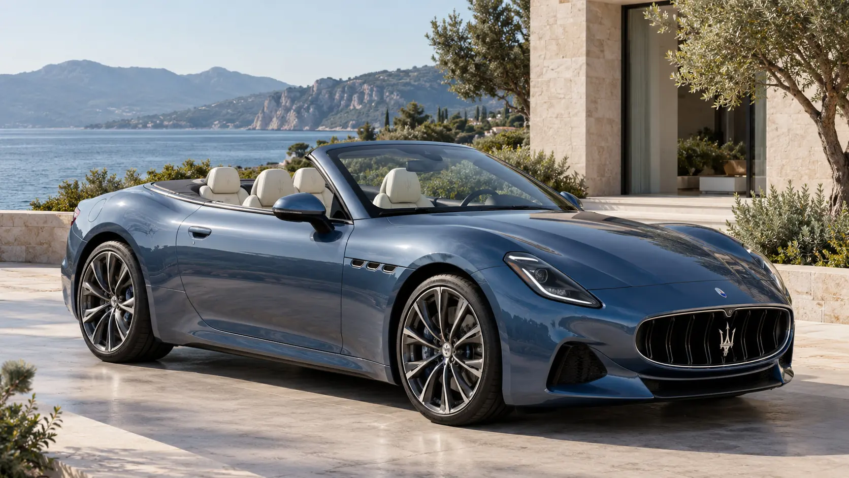 ルーフを下げた状態のMaserati GranCabrio Folgoreを表すAI生成イラスト