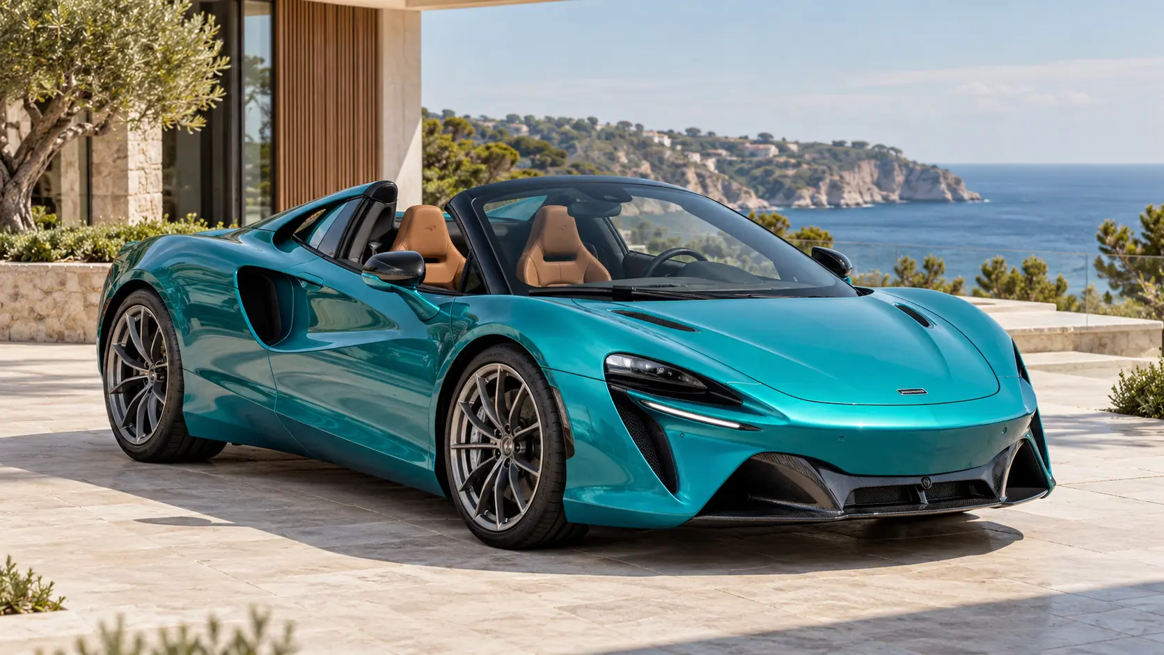 ルーフを下げた状態のMcLaren Artura Spiderを表すAI生成イラスト