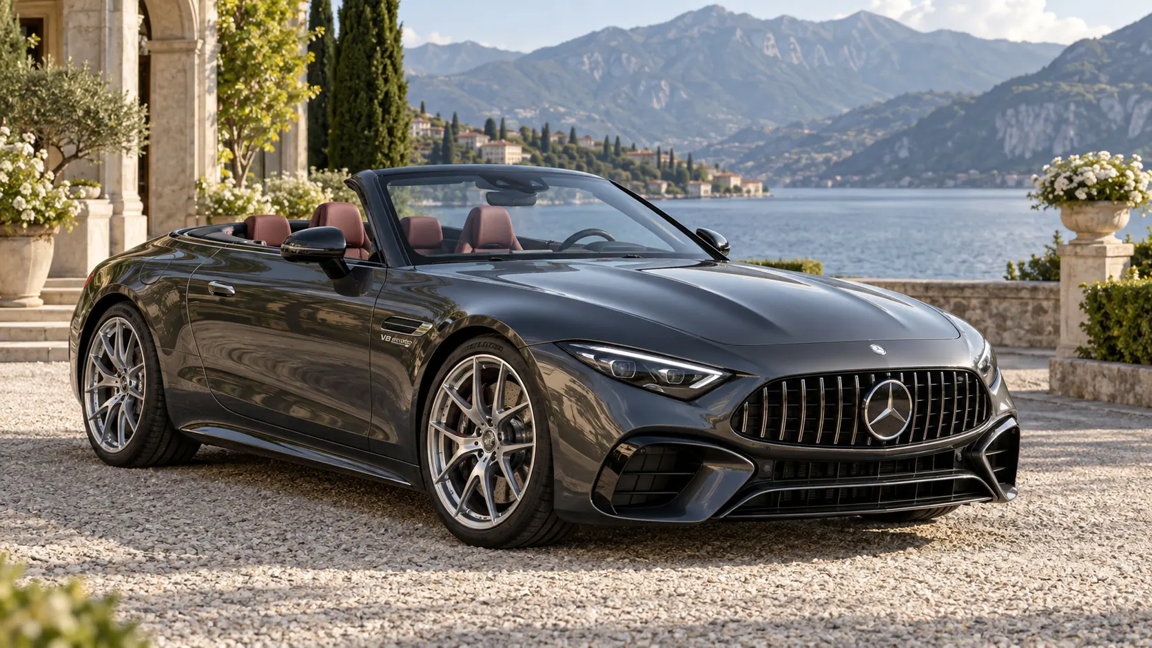 屋根を下げた状態のMercedes-AMG SLを表すAI生成イラスト