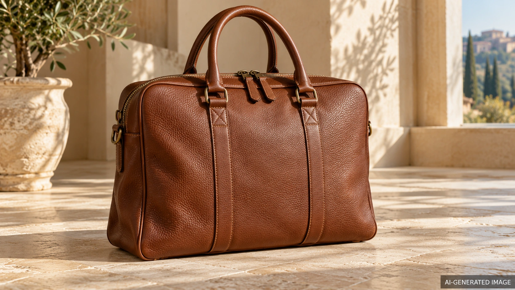 AI-generated illustration of an original softly structured brown grained-leather briefcase on pale limestone