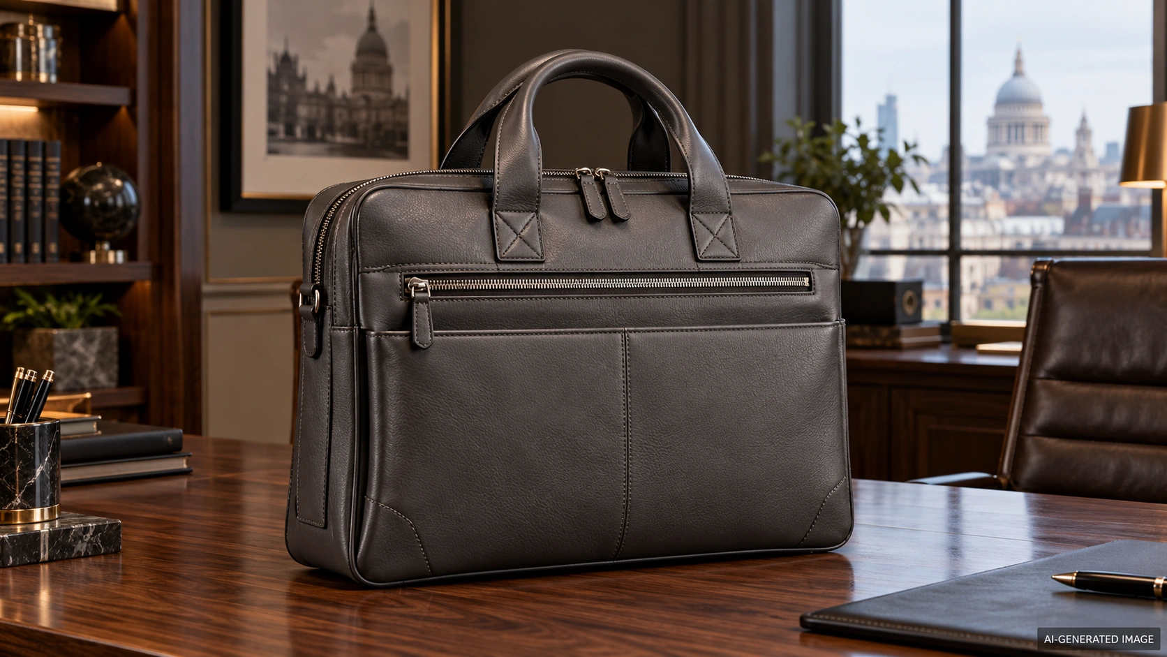 AI-generated illustration of an original graphite zip briefcase with an exterior pocket in a formal office