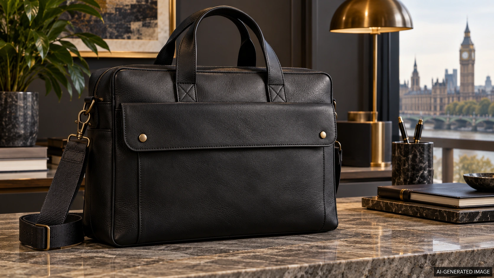 AI-generated illustration of an original black commuter briefcase with a front flap pocket and woven shoulder strap