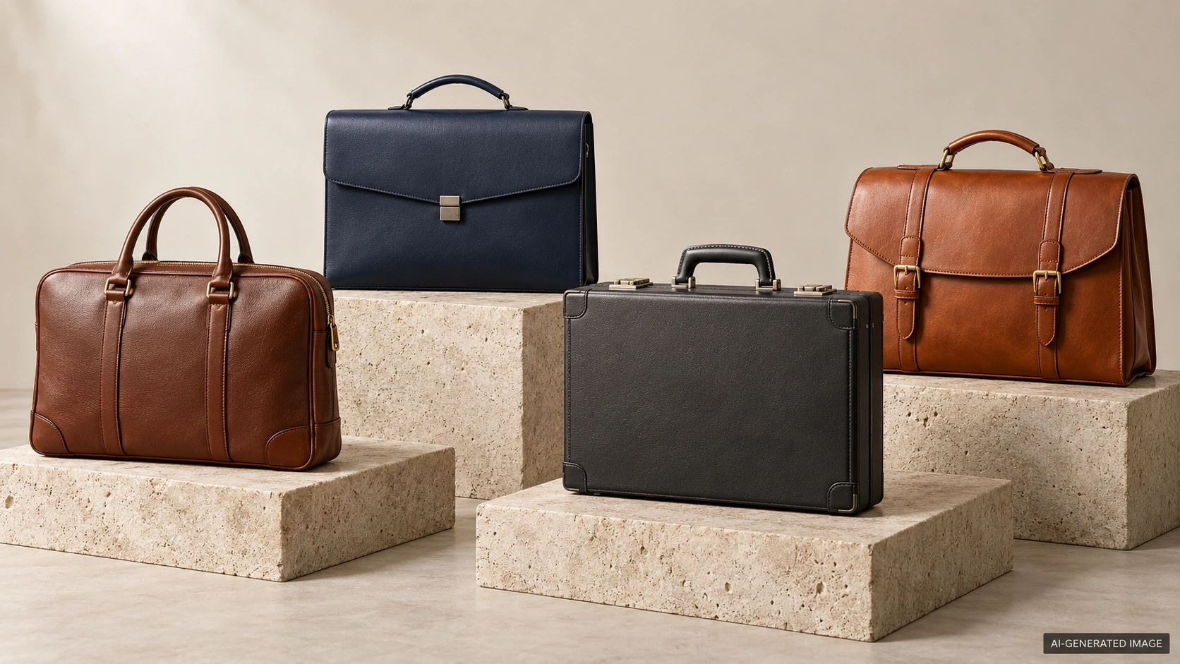 AI-generated illustration of four distinct fictional leather briefcase designs arranged on stone plinths