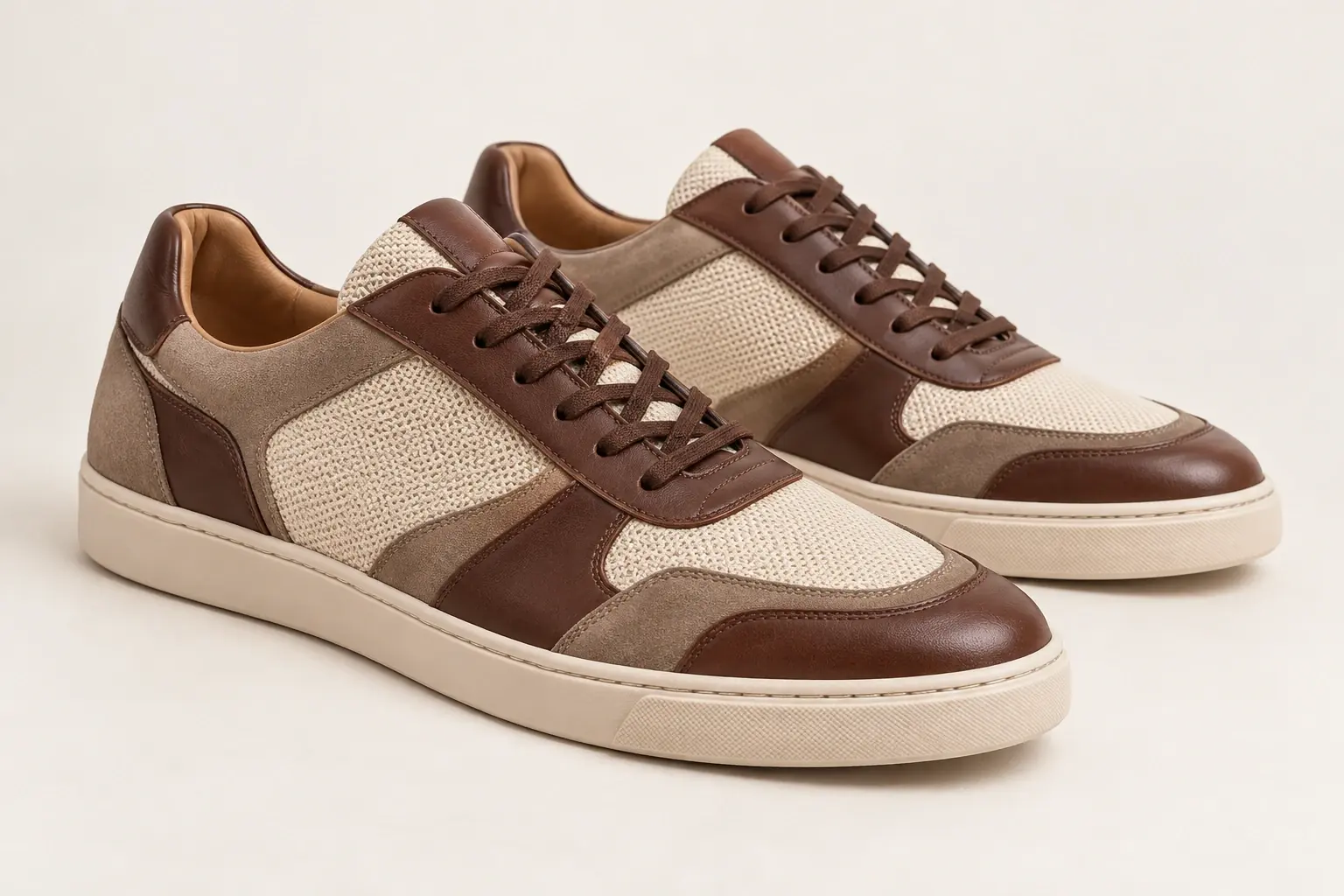 Illustration par IA de baskets lifestyle originales combinant cuir lisse, daim et empiècements en mesh textile.