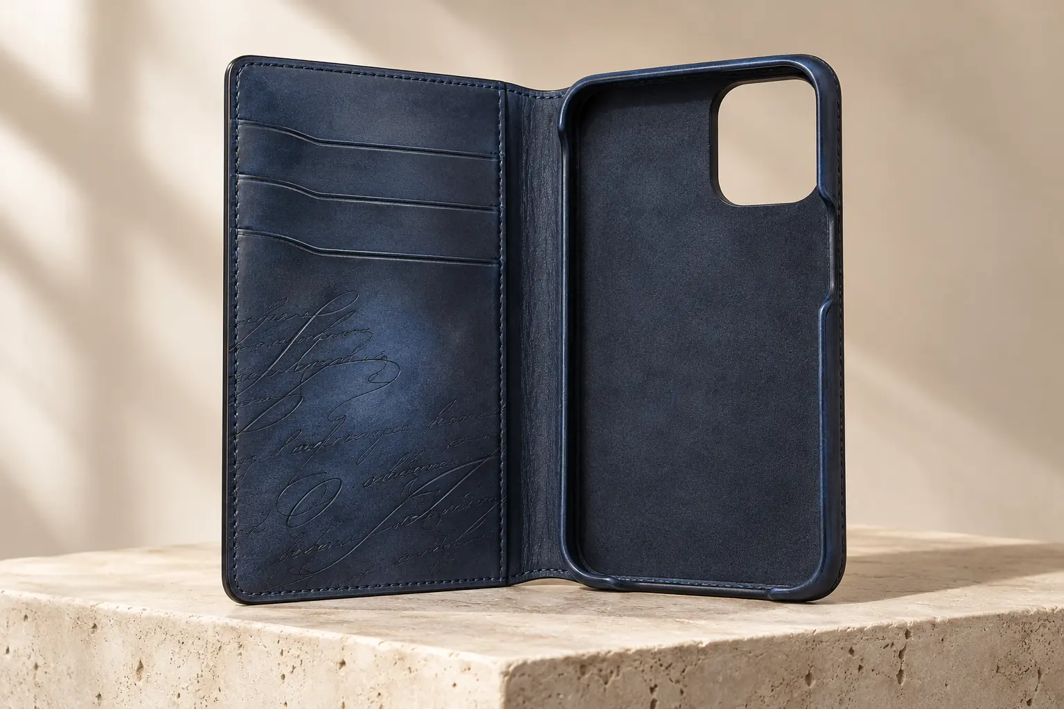 Berluti iPhone 16 प्रो फोन फोलियो का AI चित्रण — वेनेज़िया सॉफ्टी काफ लेदर
