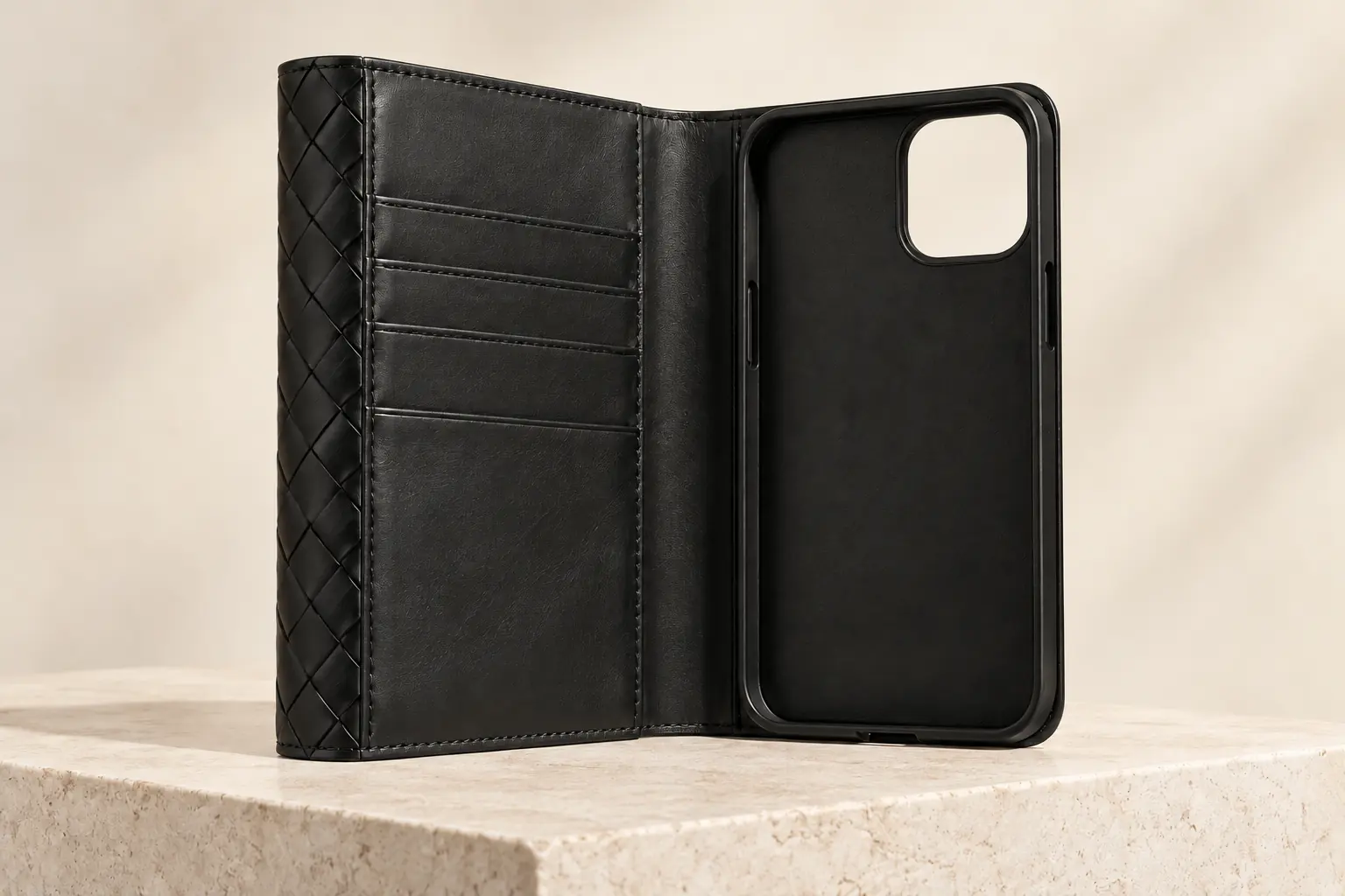 Bottega Veneta Intrecciato iPhone 16 प्रो मैक्स फोलियो केस का AI चित्रण