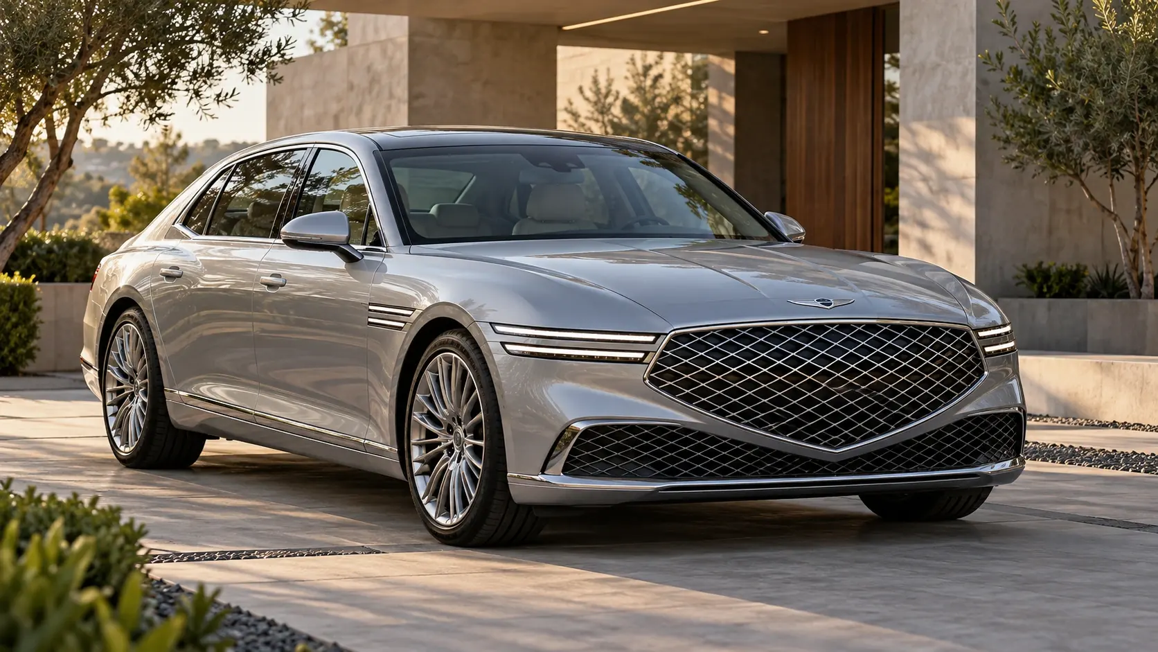 AI-generated illustration of the Genesis G90, shown in a front three-quarter exterior view.
