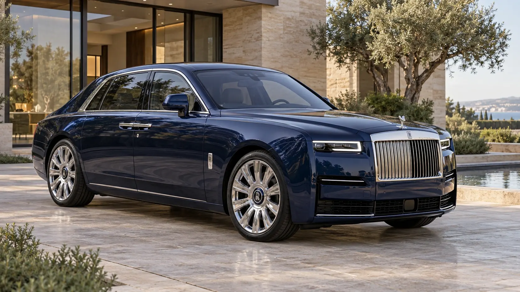 AI-generated illustration of the Rolls-Royce Ghost, shown in a front three-quarter exterior view.