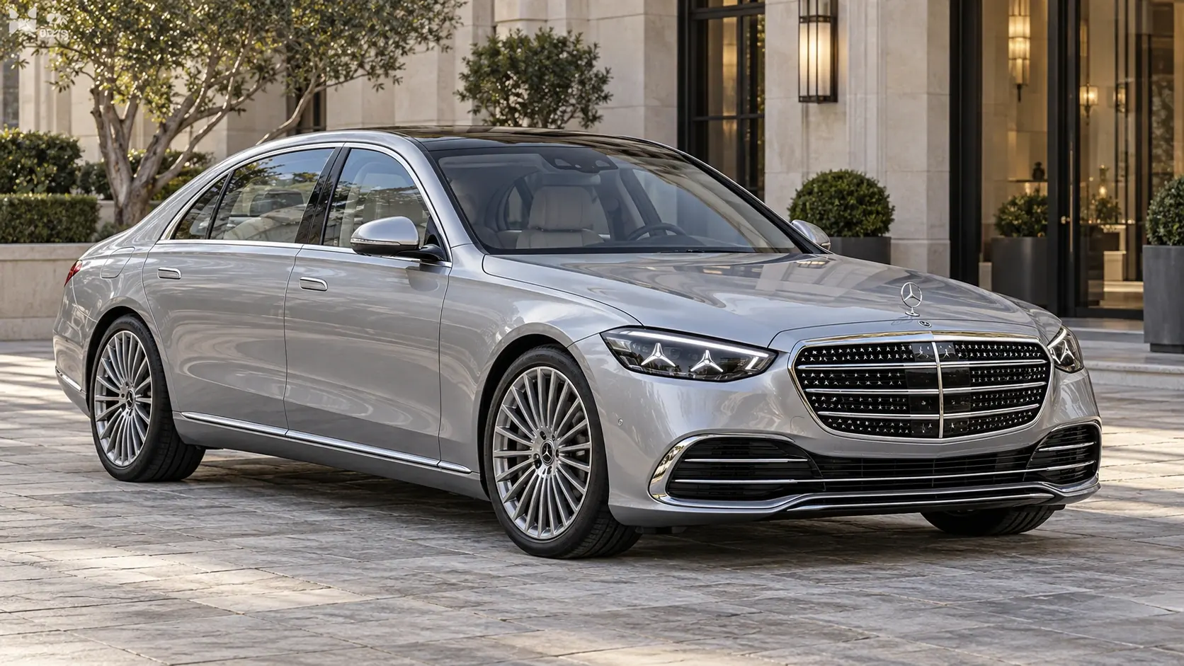 AI-generated illustration of the Mercedes-Benz S-Class, shown in a front three-quarter exterior view.