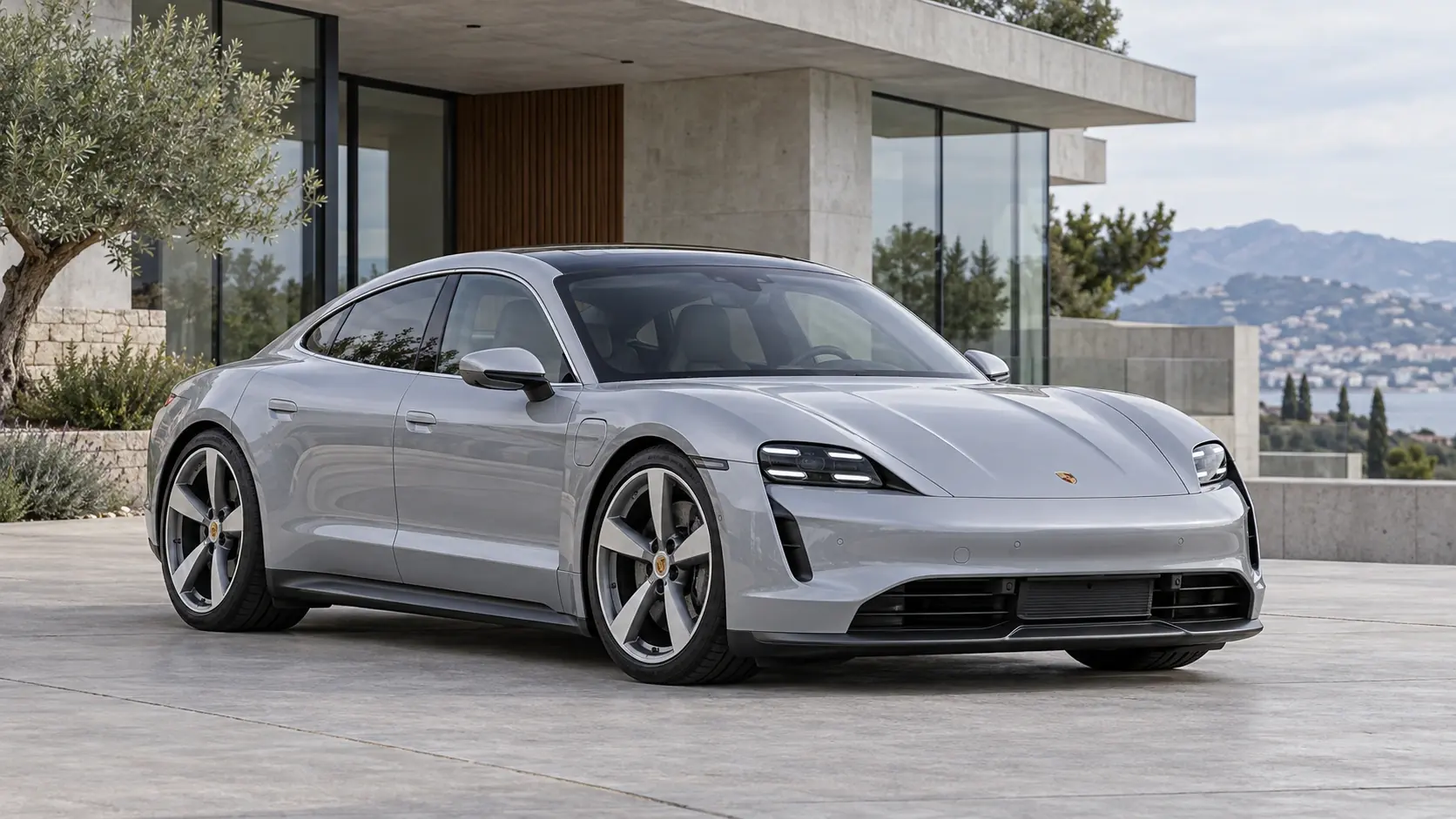 AI-generated illustration of the Porsche Taycan sedan, shown in a front three-quarter exterior view.