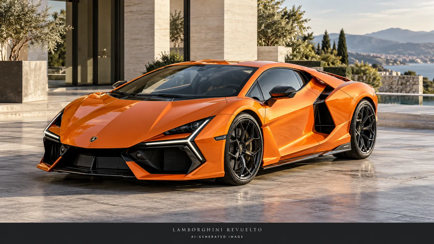 KI-generierte Illustration des Lamborghini Revuelto in Metallic-Orange, Dreiviertel-Frontansicht