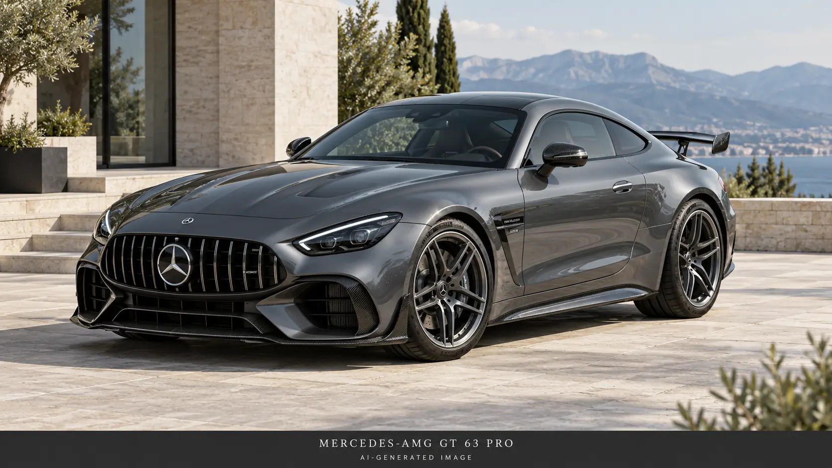 KI-generierte Illustration des Mercedes-AMG GT 63 PRO 4MATIC+ in Graphitgrau, Dreiviertel-Frontansicht