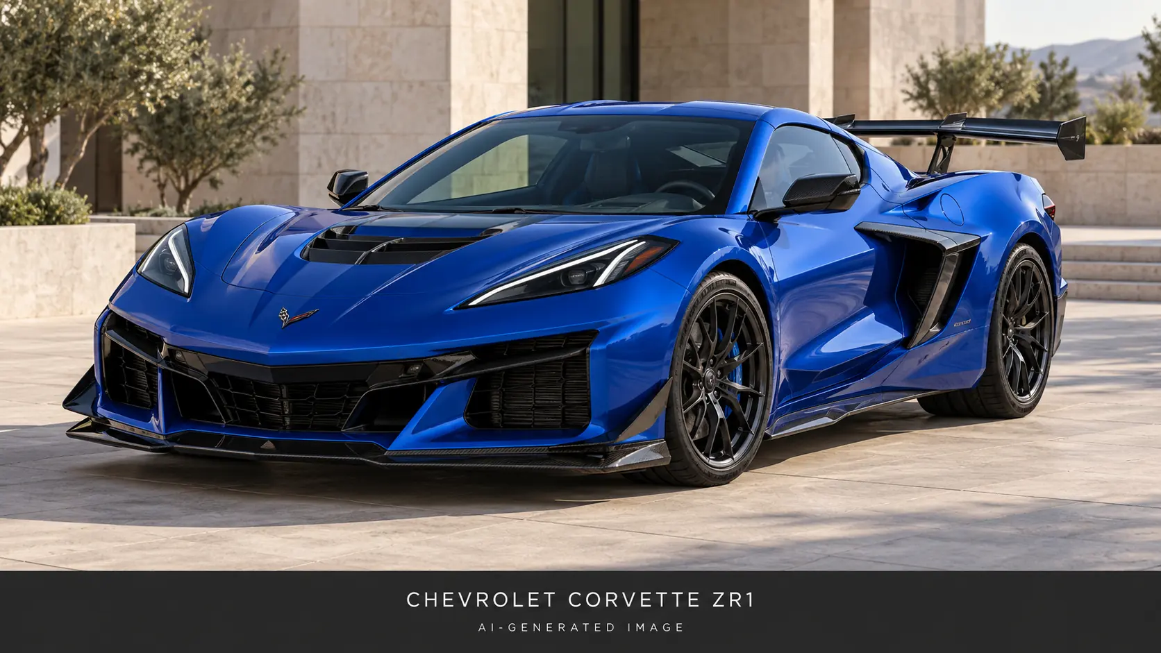 KI-generierte Illustration der Chevrolet Corvette ZR1 in Metallicblau, Dreiviertel-Frontansicht