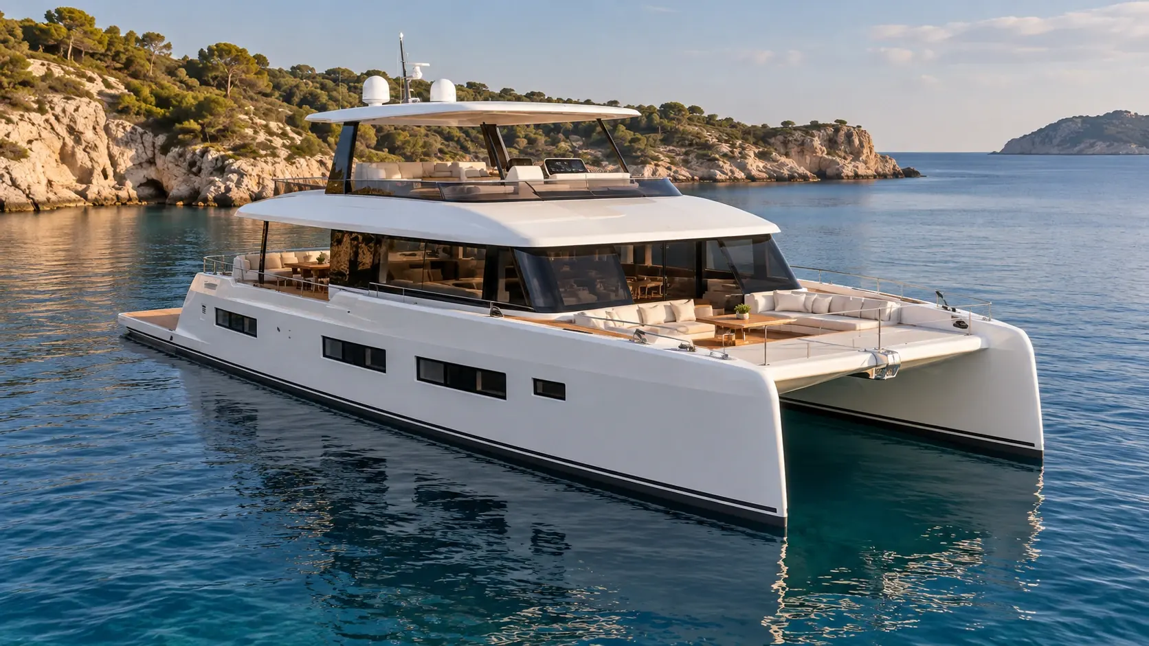 Концептуальная иллюстрация, созданная с помощью ИИ, для модели 80 Sunreef Power, классического дизельного двигателя.