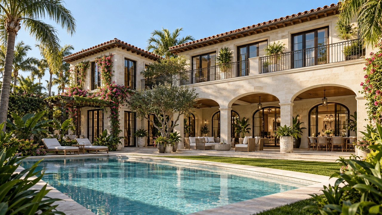 رسم مولّد بالذكاء الاصطناعي: منزل جزري مستقل بحديقة ومسبح مستوحى من Fisher Island
