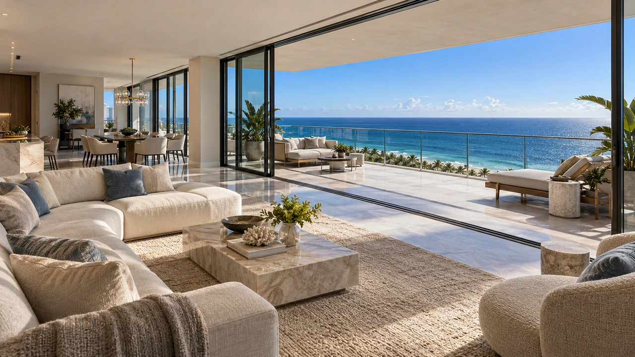 رسم مولّد بالذكاء الاصطناعي: شقة مرتفعة بإطلالة على المحيط مستوحاة من Sunny Isles Beach