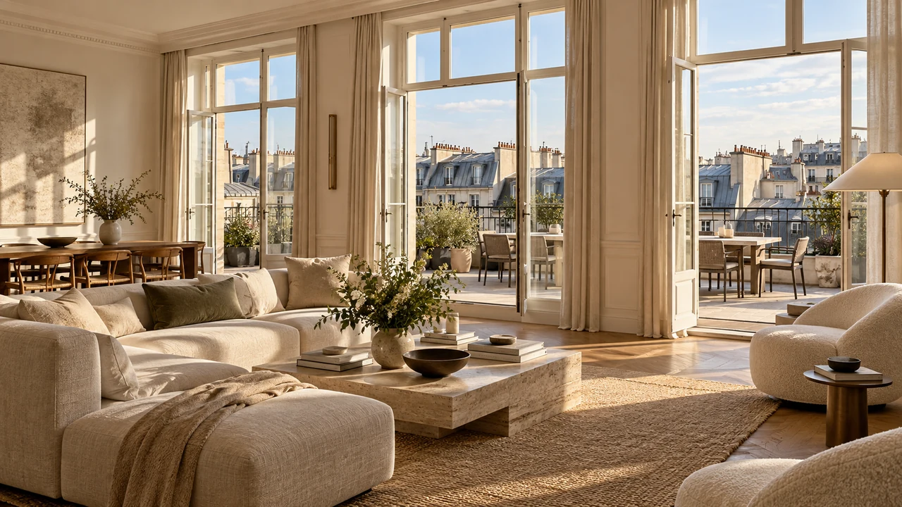 KI-generierte Illustration: Das Wohnzimmer eines Pariser Penthouses öffnet sich zu einer bescheidenen Terrasse und fiktiven Zinkdächern.