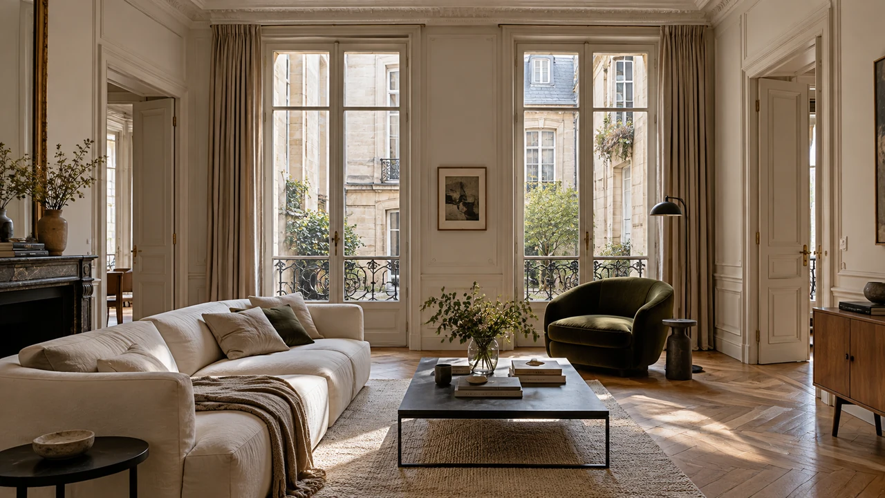 Ilustración generada por IA: Apartamento inspirado en Saint-Germain-des-Prés–Odéon con ventanas altas que dan al patio y parquet de roble.