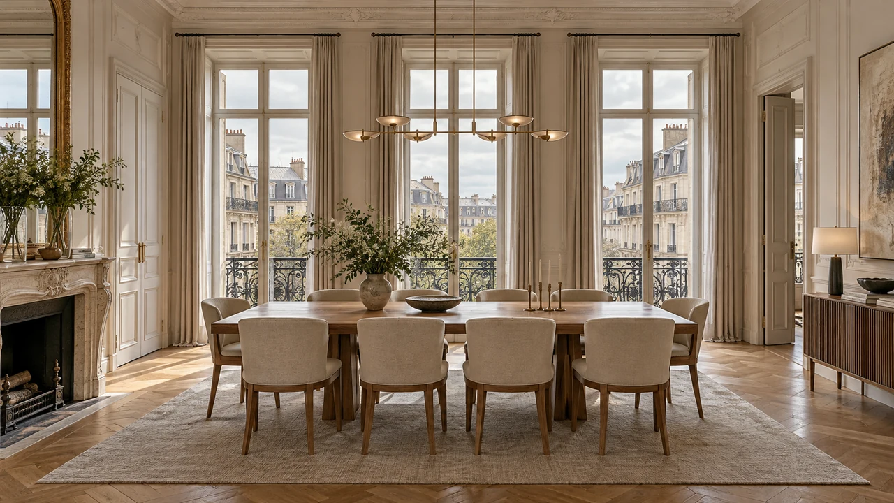 Ilustración generada por IA: Comedor de apartamento inspirado en Saint-Thomas-d’Aquin–Invalides–Gros-Caillou, con piedra, madera y grandes ventanales.