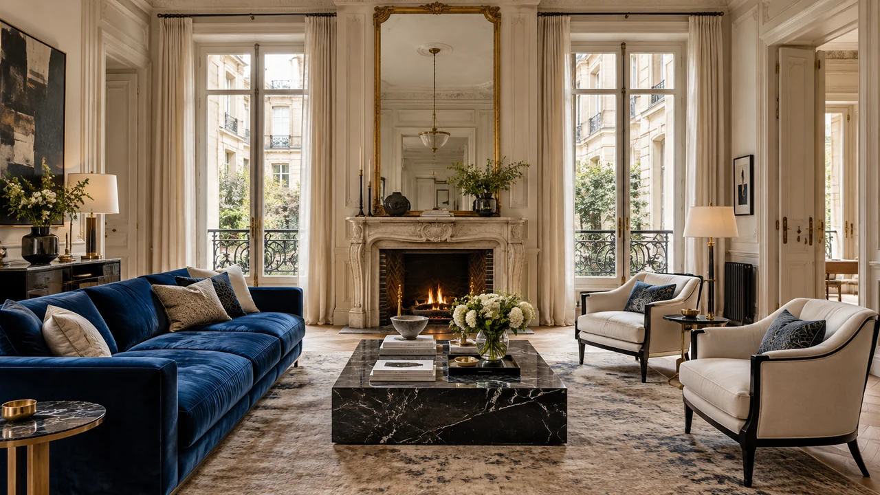 Ilustración generada por IA: Salón residencial inspirado en el Triángulo de Oro, con chimenea de piedra y sofá azul.