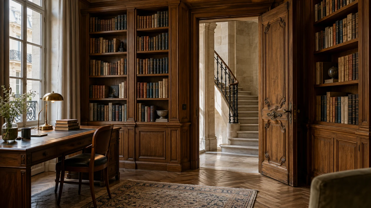 Ilustración generada por IA: Biblioteca residencial inspirada en la Île Saint-Louis, con una escalera de piedra tras la puerta de entrada.