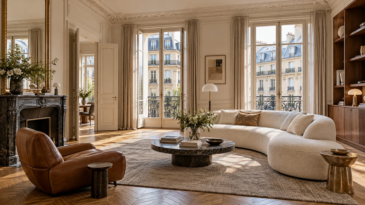 Ilustración generada por IA: Apartamento inspirado en Plaine-de-Monceaux, con suelo de parqué, grandes ventanales y muebles modernos.