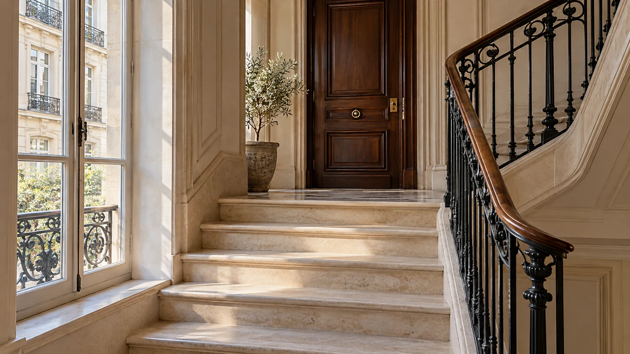 Ilustración generada por IA: Detalle original de la vivienda: escaleras de piedra caliza, carpintería de roble y balaustrada de hierro.