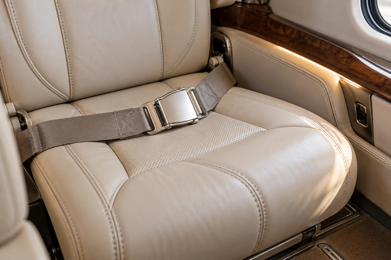 Illustration générée par IA: Gros plan sur siège aéronautique VIP, ceinture, fenêtre et coutures