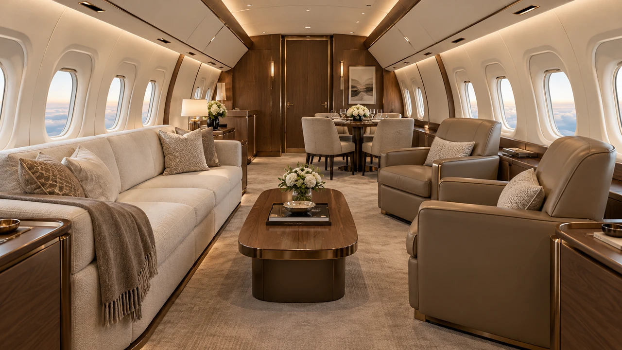 Ilustração gerada por IA: cabine de Aviões comerciais VIP (Boeing BBJ, Airbus ACJ) com assentos de couro creme, mesas de madeira, janelas e corredor contínuo