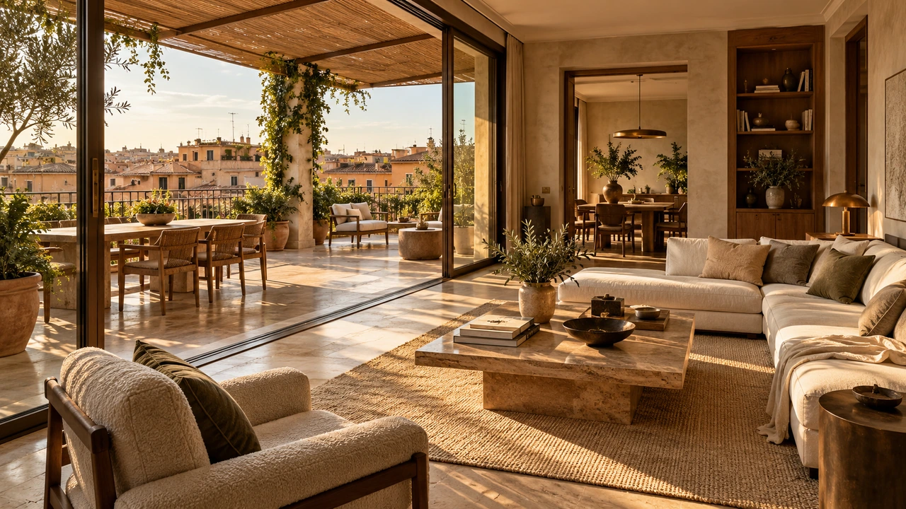 KI-generierte Illustration von einem römischen Penthouse-Wohnzimmer mit schattiger Terrasse