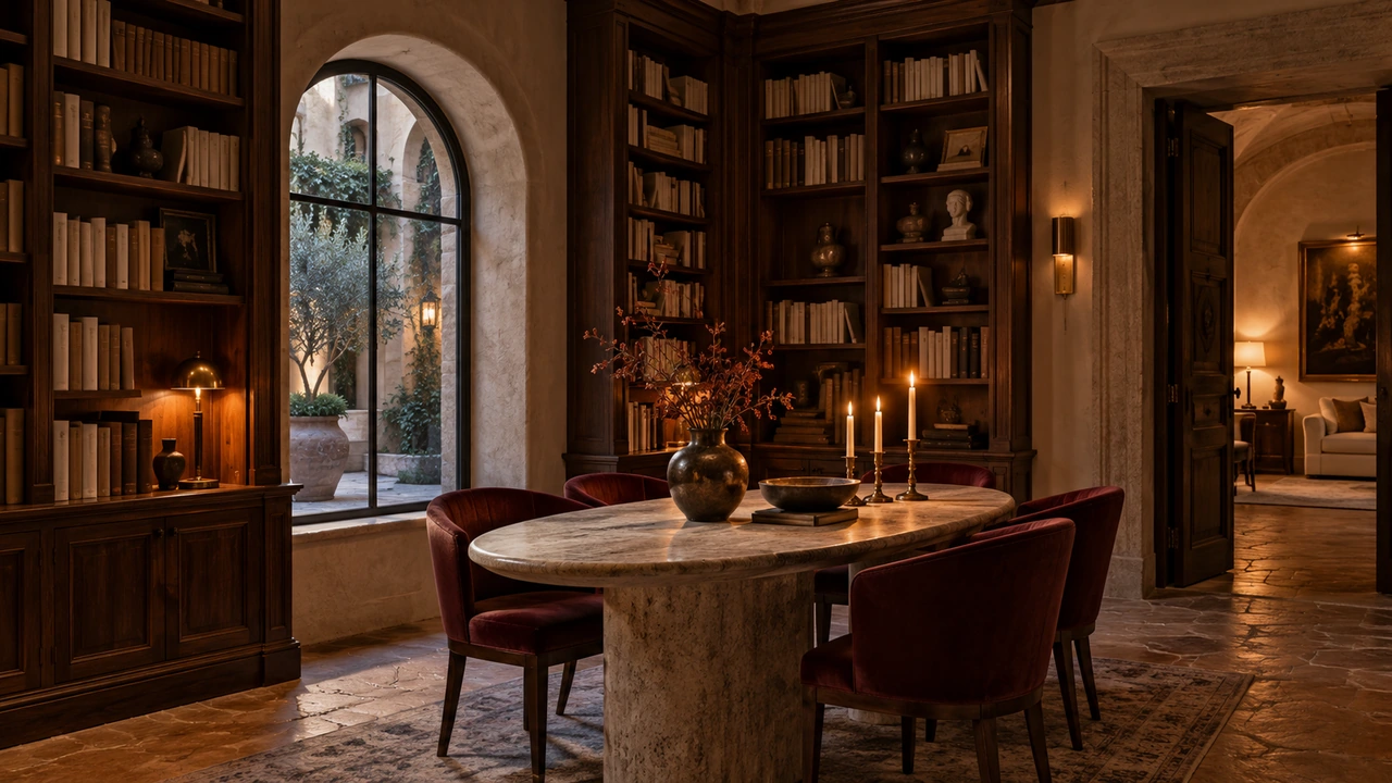 Illustrazione generata dall’IA di una biblioteca residenziale raccolta con angolo pranzo a Campo Marzio