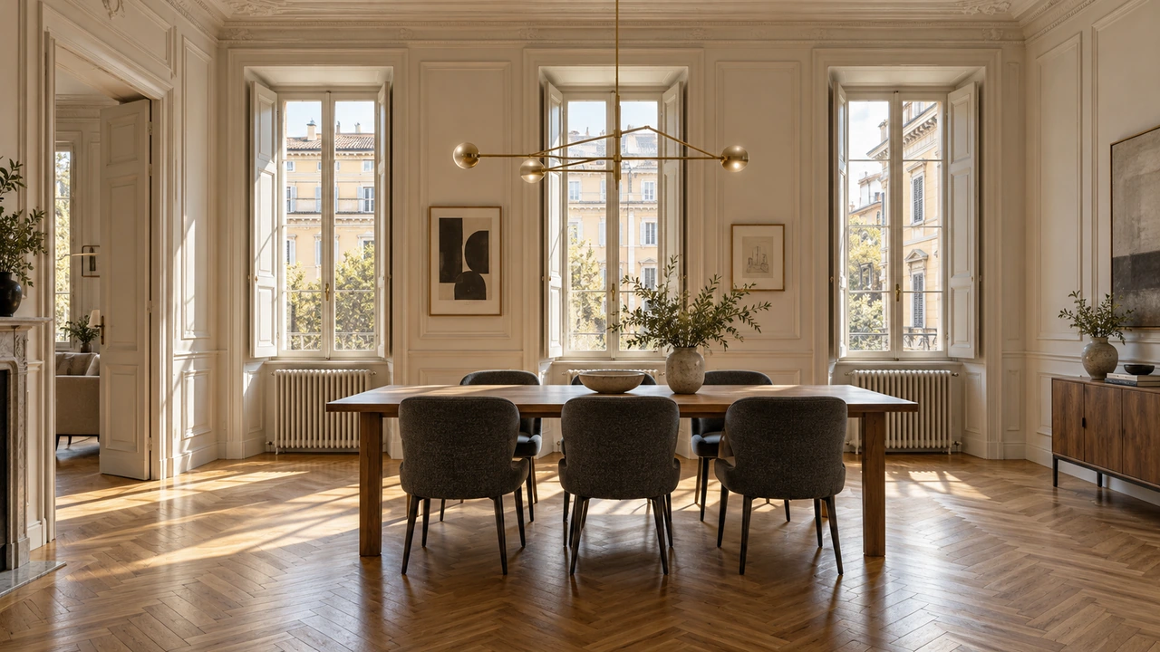 Illustrazione generata dall’IA di una sala da pranzo di appartamento a Prati con alte finestre